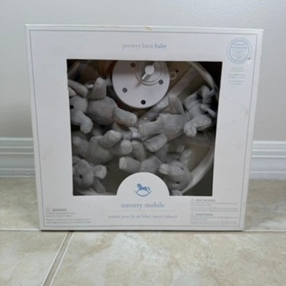Pottery Barn Kids Nursery Mobile Baby Grey New Plush Elephant Musical